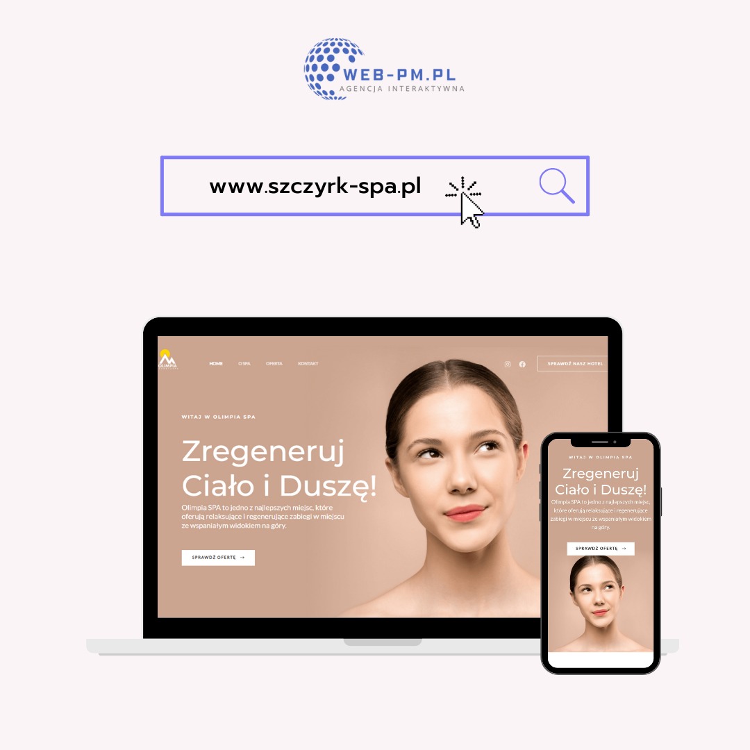 Responsywna strona internetowa spa szczyrk-spa.pl wyświetlona na laptopie i smartfonie, z kursorem myszy wskazującym na pole wyszukiwania.