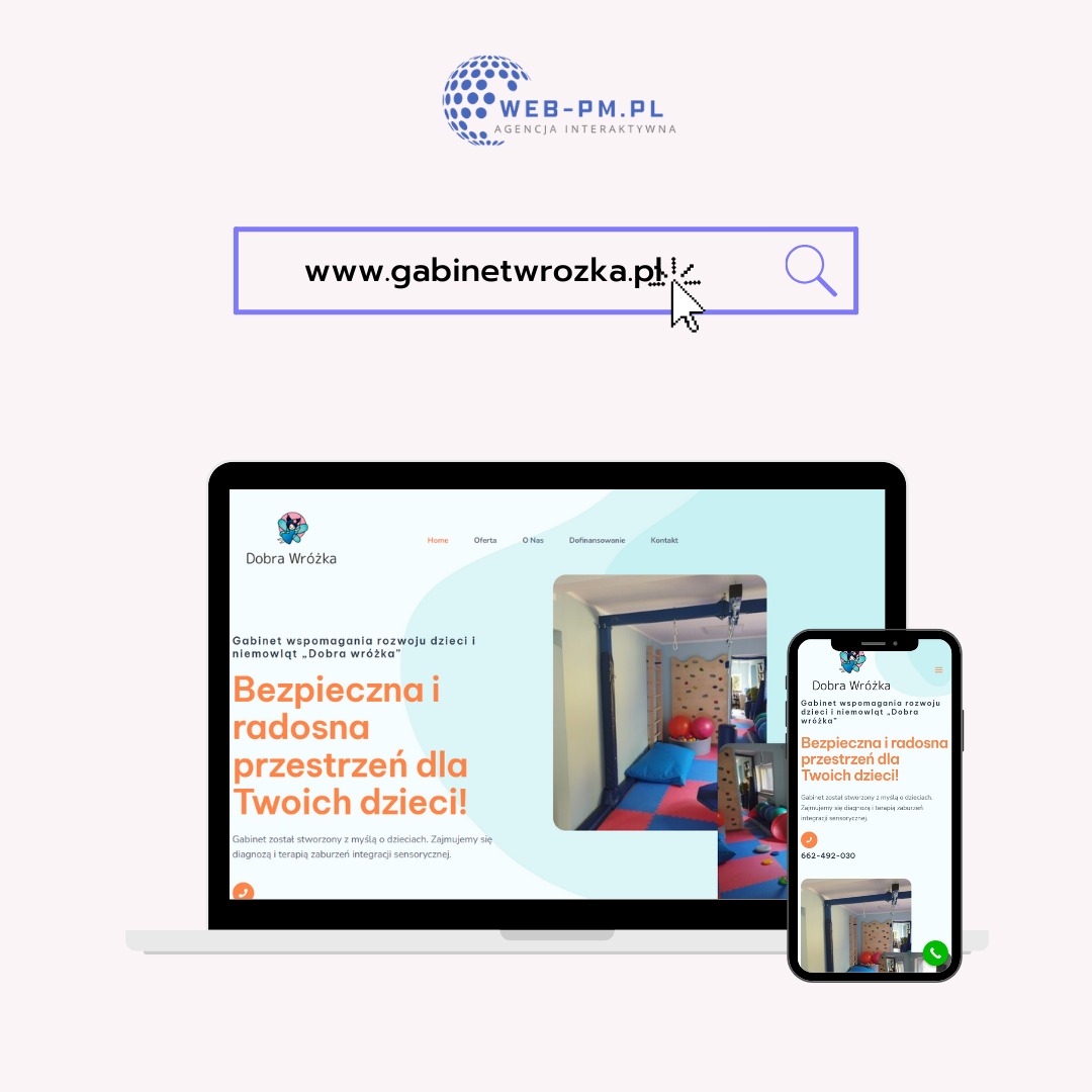 Prezentacja responsywnej strony internetowej gabinetwrozka.pl na laptopie i smartfonie, ukazująca wnętrze gabinetu terapii integracji sensorycznej dla dzieci.