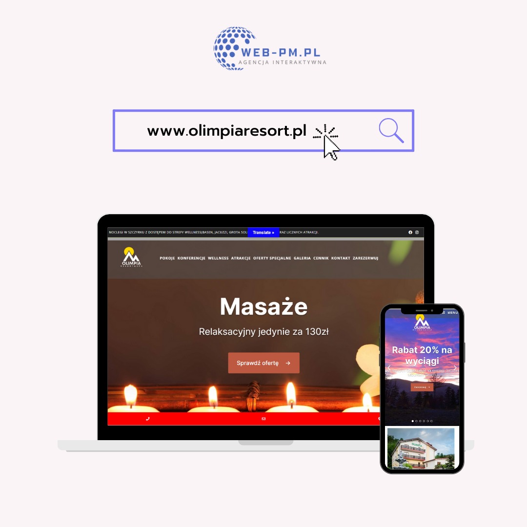 Prezentacja strony internetowej Olimpia Resort na laptopie i smartfonie, oferta masaży relaksacyjnych, logo Web-PM.PL u góry.