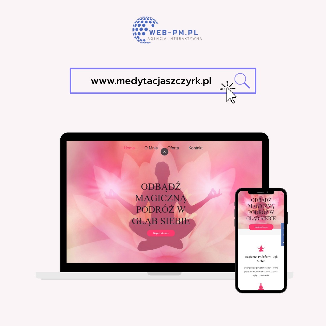 Responsywny projekt strony internetowej medytacjaszczyrk.pl, widoczny na laptopie i smartfonie, z motywem lotosu i sylwetką osoby w pozycji medytacyjnej.