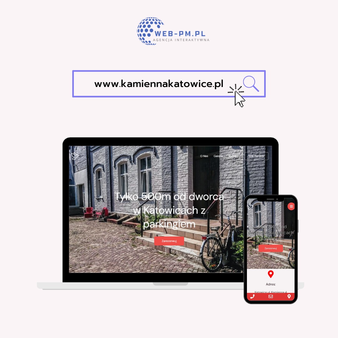 Prezentacja responsywnej strony internetowej kamiennakatowice.pl na laptopie i smartfonie, pokazująca wejście do budynku z rowerem i informacją o bliskości dworca w Katowicach.