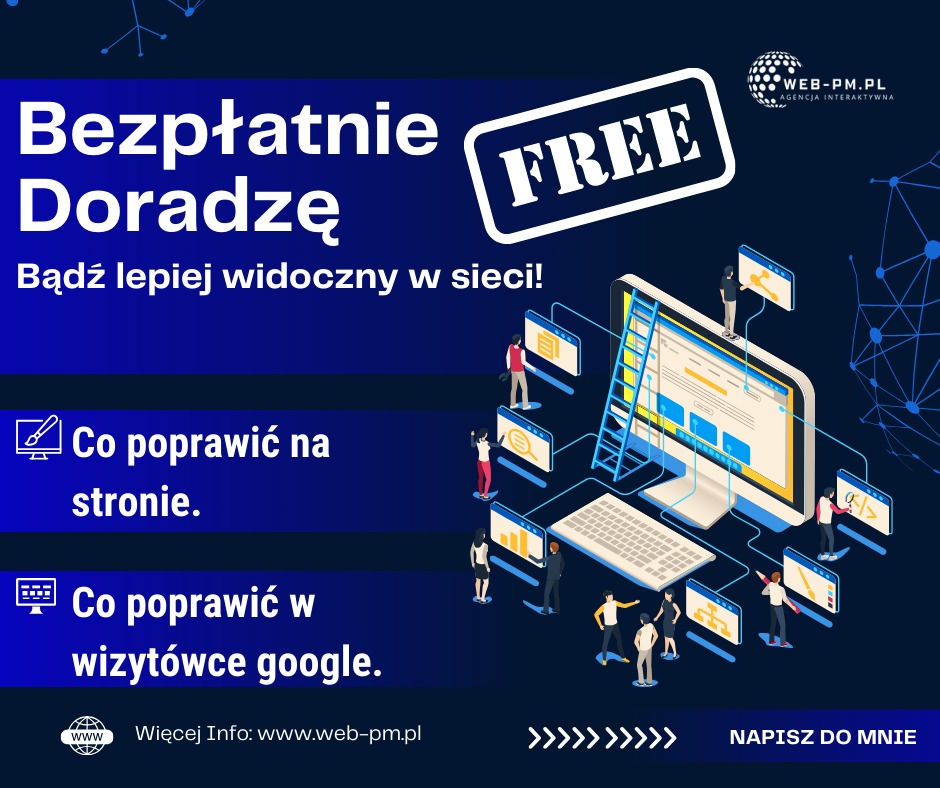 Grafika reklamowa oferująca bezpłatne doradztwo w zakresie optymalizacji stron internetowych i wizytówek Google, przedstawiona jako monitor z ikonami i postaciami ludzkimi, z napisem 'FREE'...