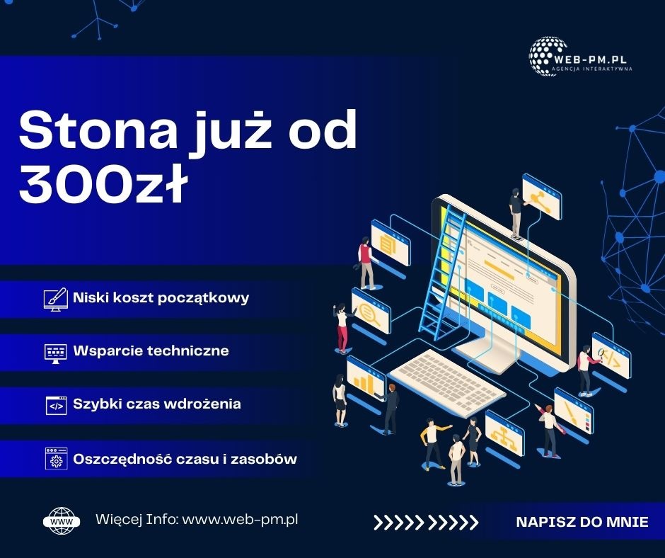 Grafika reklamowa: Strona internetowa od 300 zł. Ilustracja przedstawia monitor z drabiną i miniaturowymi postaciami, symbolizującymi budowę strony internetowej. Dodatkowe ikony informują o niskim...