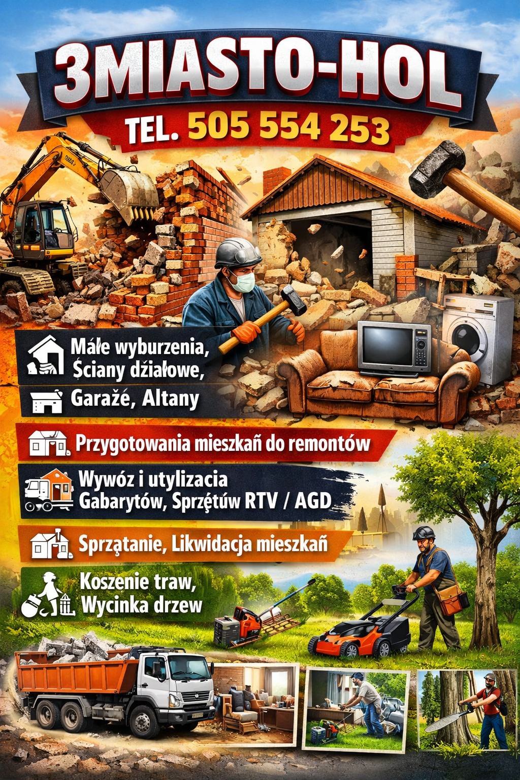 Kompleksowe usługi: wyburzenia, opróżnianie, koszenie. Koparka, gruz, pracownik z młotem, meble, sprzęt AGD, ciężarówka, kosiarki, pilarz. Numer telefonu.