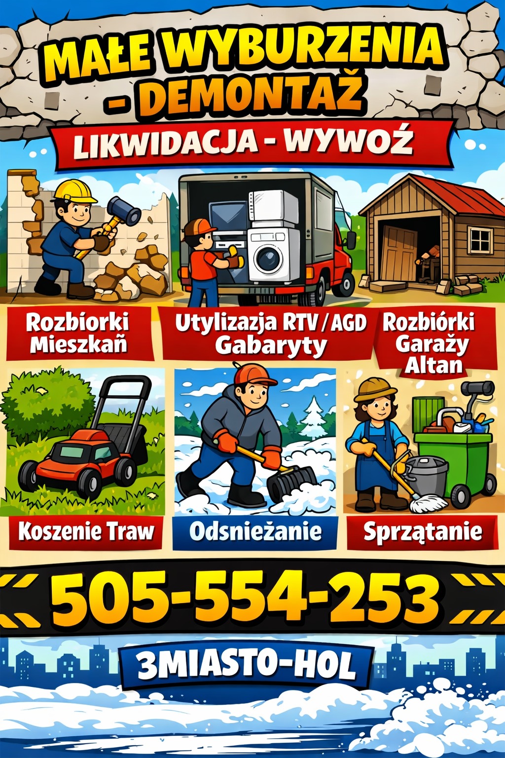 Ilustracja reklamowa usług: rozbiórki, utylizacja RTV/AGD, koszenie trawy, odśnieżanie, sprzątanie. Stylizowana grafika z numerem telefonu i nazwą regionu.