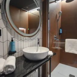 Nowoczesna łazienka z owalnym lustrem z podświetleniem LED, białą umywalką nablatową na czarnym blacie z granitu, kabiną prysznicową typu walk-in z brązowymi panelami i białym brodzikiem,...