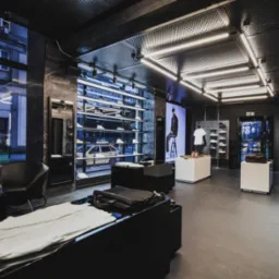 Wnętrze nowocześnie zaprojektowanego sklepu odzieżowego z czarnym sufitem z perforacją, liniowym oświetleniem LED, półkami na buty i odzież, wystawą sklepową widoczną przez duże okno z odbiciem...