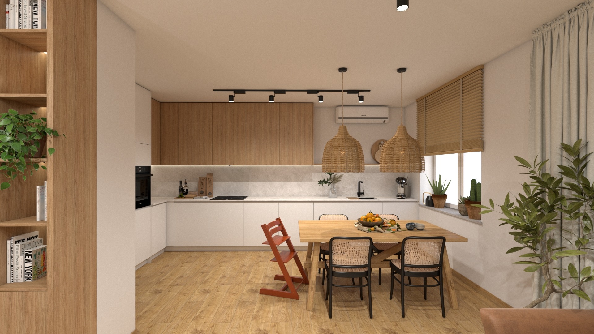 Jasna kuchnia z drewnianymi szafkami, białymi frontami, marmurowym blatem, drewnianym stołem z rattanowymi krzesłami, plecionymi lampami i czerwonym krzesełkiem do karmienia.