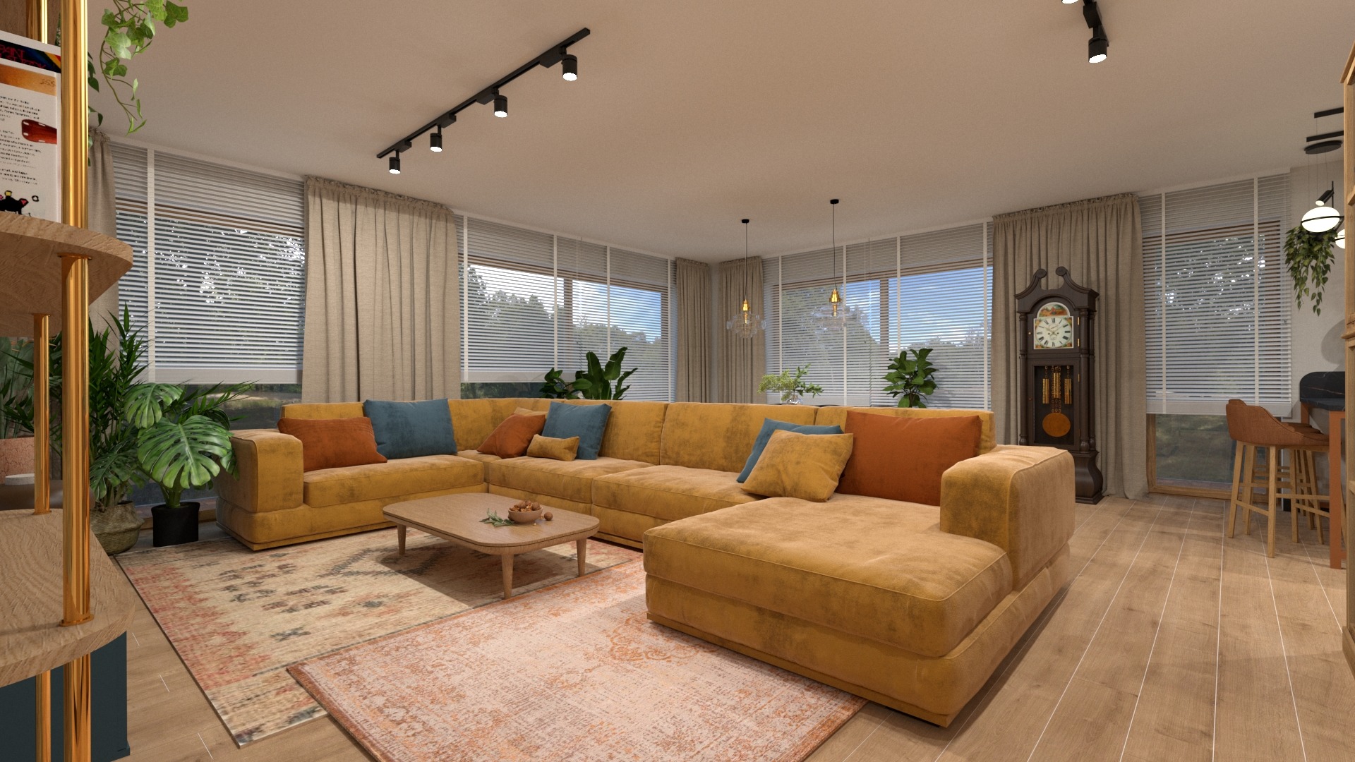 Przestronny salon z narożną sofą w odcieniach musztardy, zdobioną poduszkami w kolorach niebieskim i pomarańczowym, uzupełniony drewnianym stolikiem kawowym i wzorzystym dywanem w ciepłych barwach.