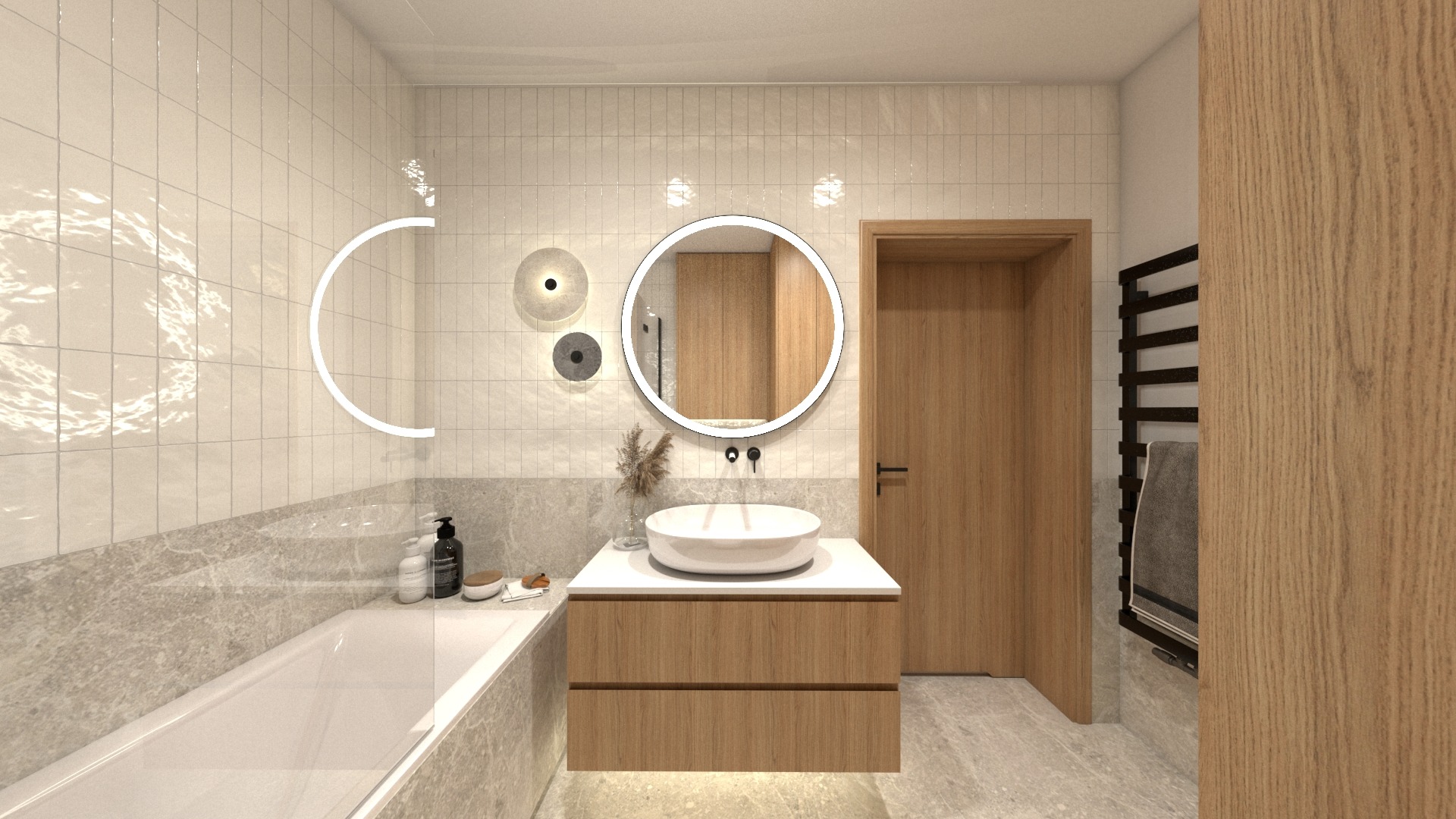 łazienka drewno biel szarość