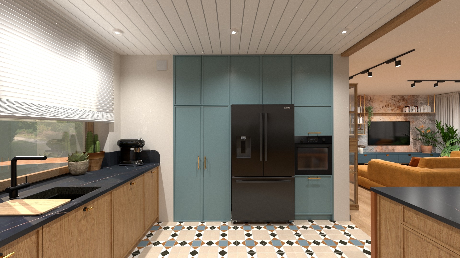 Wnętrze kuchni z drewnianymi szafkami, czarnym blatem, turkusowymi szafami i czarną lodówką, widok na salon z żółtą sofą