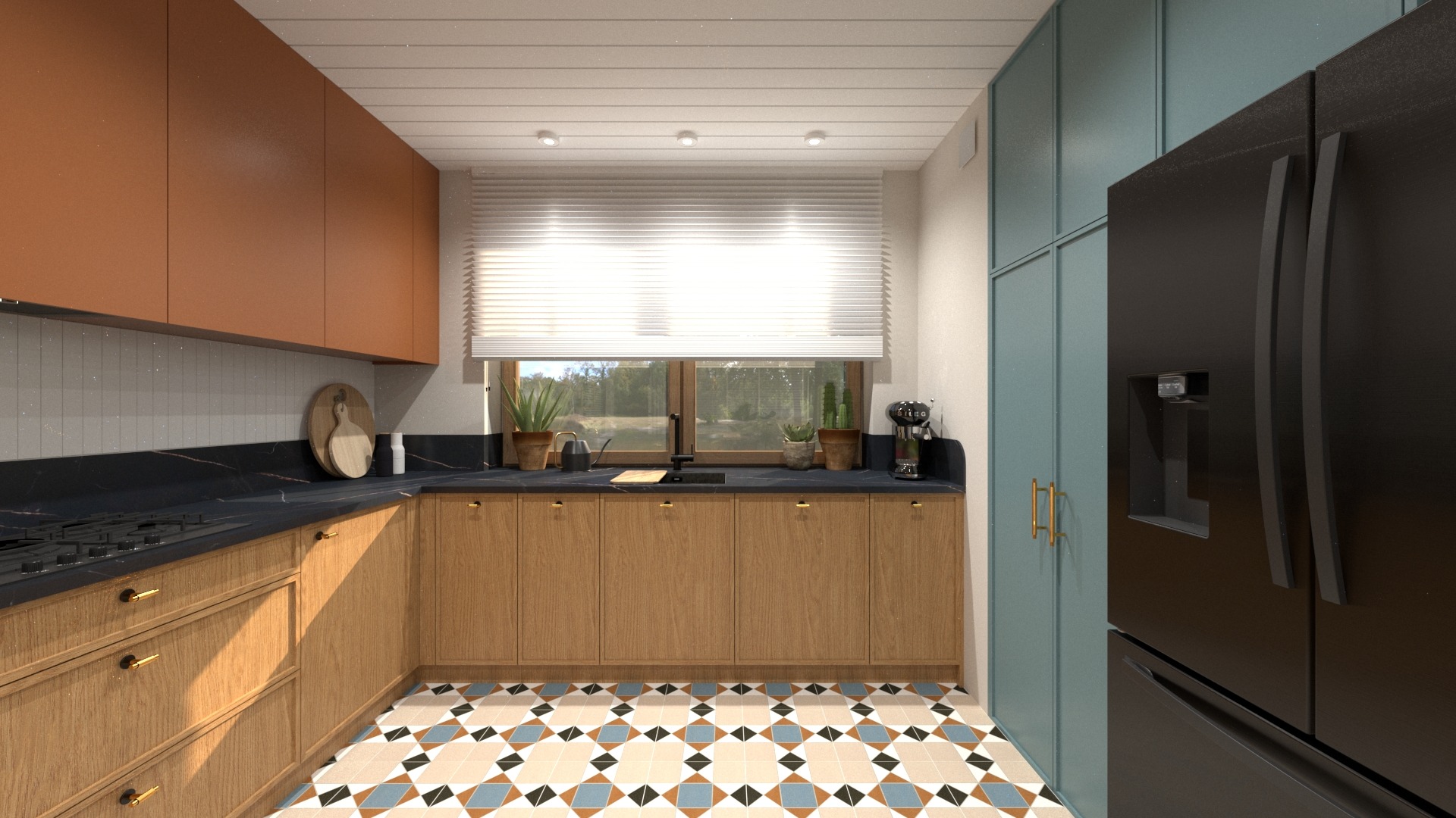Wizualizacja kuchni z drewnianymi szafkami, czarnym blatem, geometryczną podłogą i turkusową szafą na tle okna z roletami.