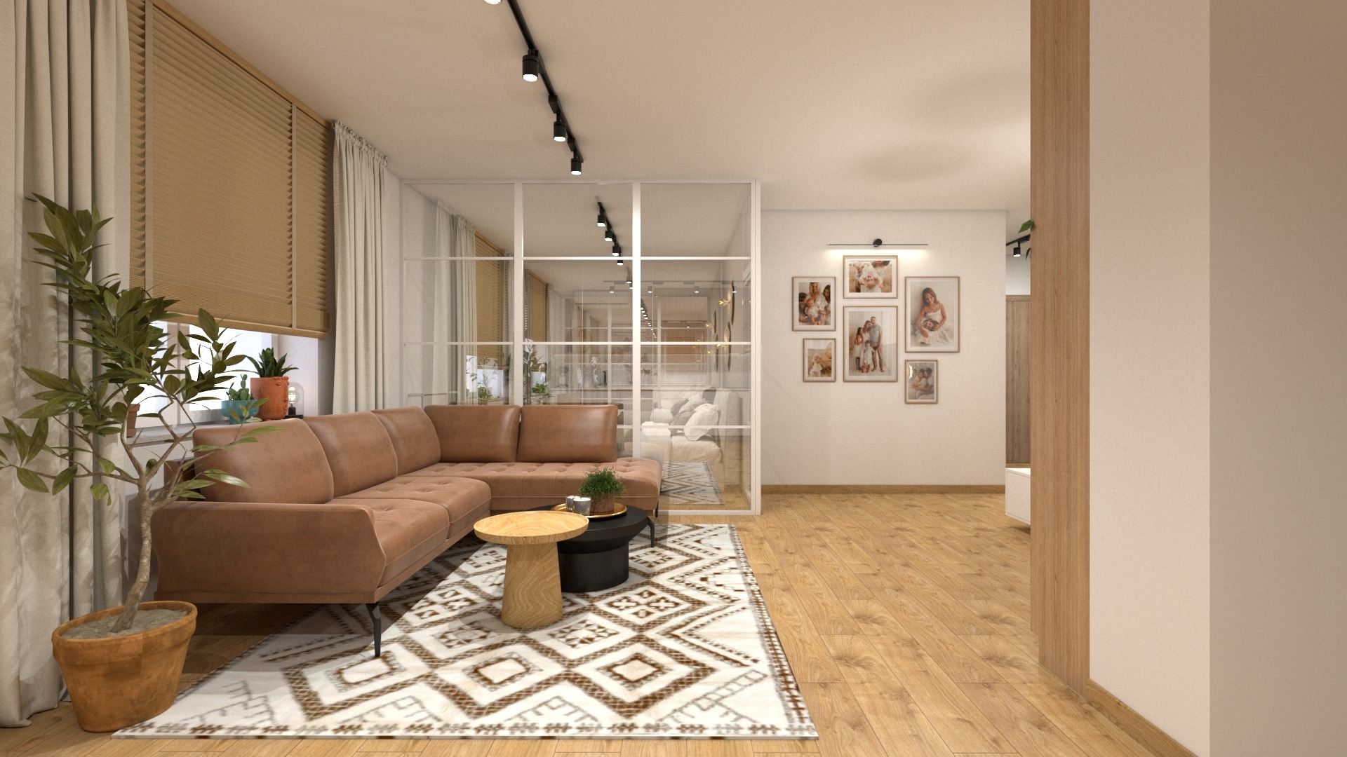Wizualizacja salonu z narożną sofą w odcieniach brązu, stolikiem kawowym z drewnianym blatem, dywanem w geometryczne wzory oraz szklaną ścianą oddzielającą przestrzeń od innego pomieszczenia.