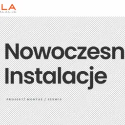 Logo firmy Sibla Instalacje prezentujące napis 'Nowoczesne Instalacje' na tle z ukośnych linii, z informacją o ofercie: projekt, montaż i serwis.