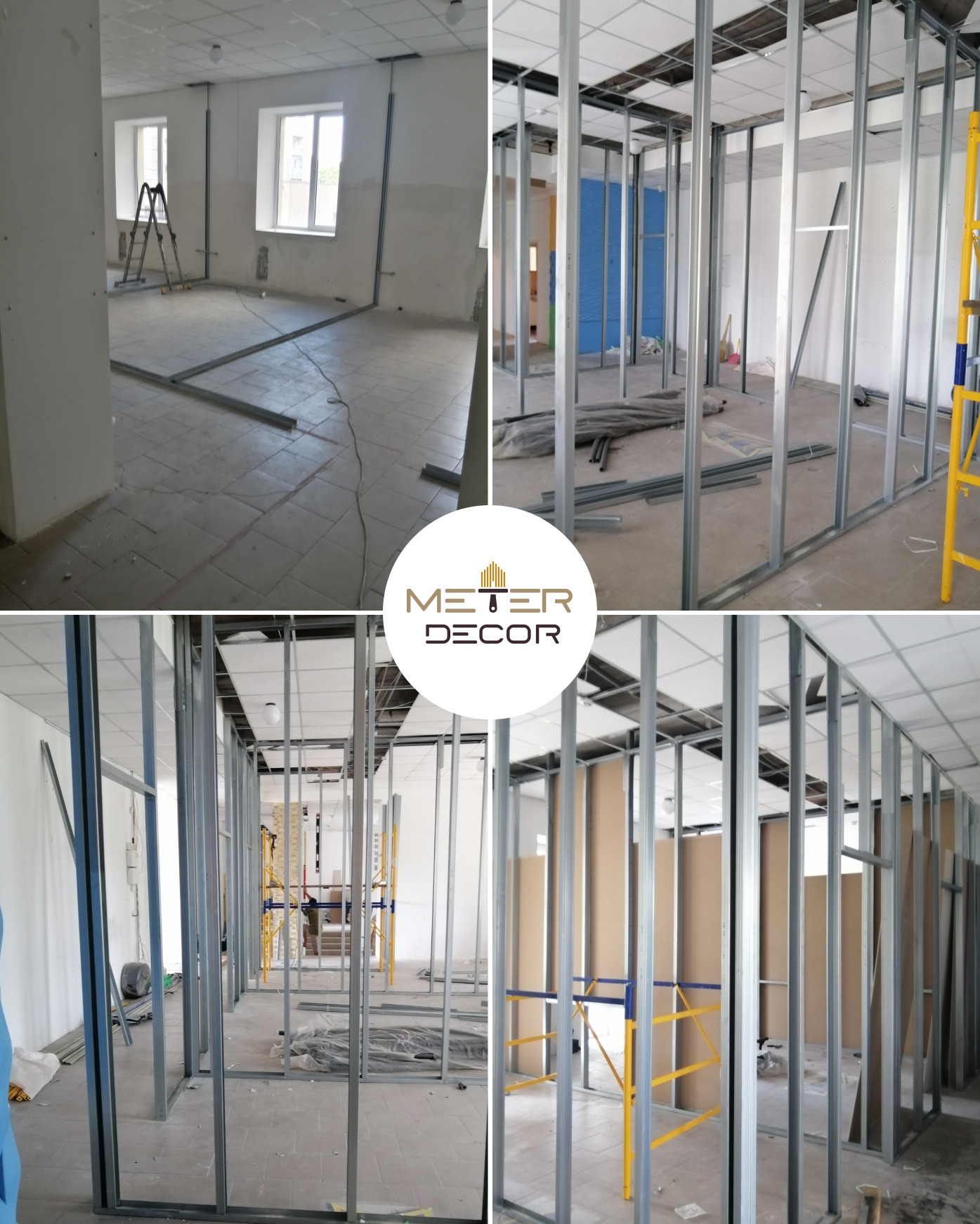 Czteropanelowe zdjęcie przedstawia etapy montażu ścianek działowych z płyt gipsowo-kartonowych w biurze: od pustego pomieszczenia z fragmentami metalowej konstrukcji na podłodze, przez wznoszenie...