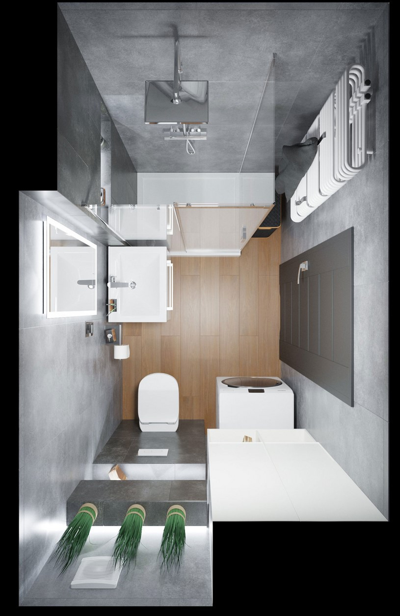 Wizualizacja małej łazienki z prysznicem typu walk-in, toaletą, umywalką i pralką, widziana z góry. Dekoracyjne snopki trawy na podeście.