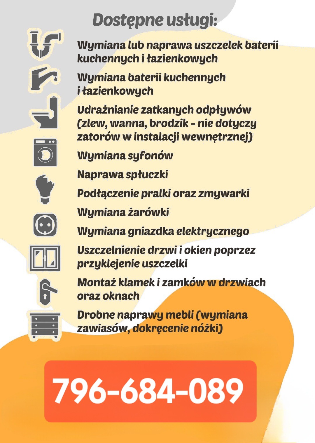 Grafika informacyjna z listą dostępnych usług: naprawa i wymiana uszczelek baterii, udrażnianie odpływów, wymiana syfonów, naprawa spłuczki, podłączenie pralki i zmywarki, wymiana żarówki...