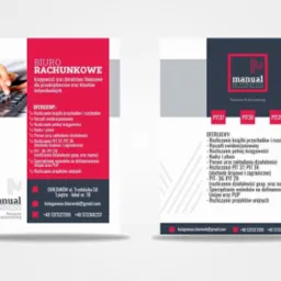 Dwa identyczne projekty graficzne wizytówek biura rachunkowego Manual Business, z listą oferowanych usług, w tym rozliczanie książki przychodów i rozchodów, ryczałt ewidencjonowany, rozliczanie...
