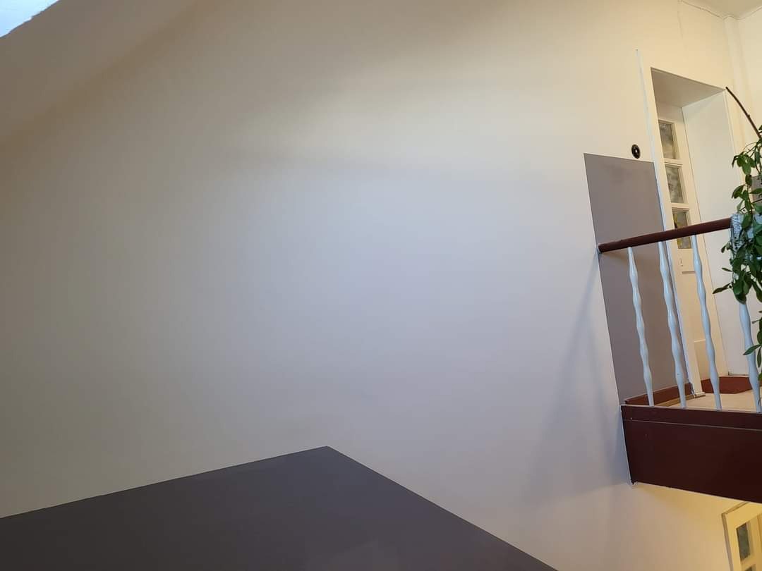 Świeżo pomalowane, jasne ściany klatki schodowej z drewnianą balustradą i widocznym fragmentem rośliny doniczkowej w tle.