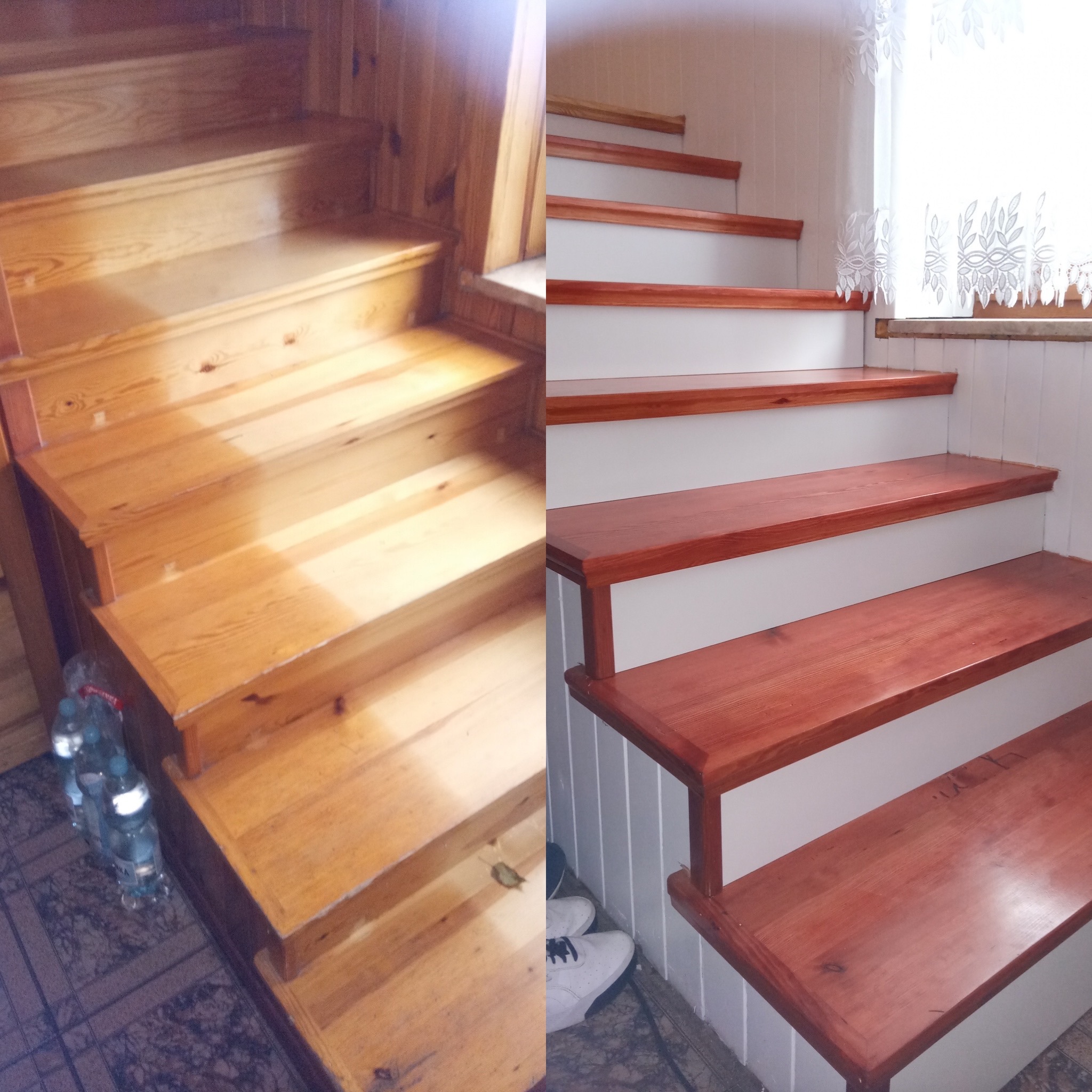 Porównanie stanu schodów drewnianych przed i po renowacji: po lewej surowe drewno, po prawej pomalowane na biało i mahoniowo, widoczne białe buty i butelki wody mineralnej.