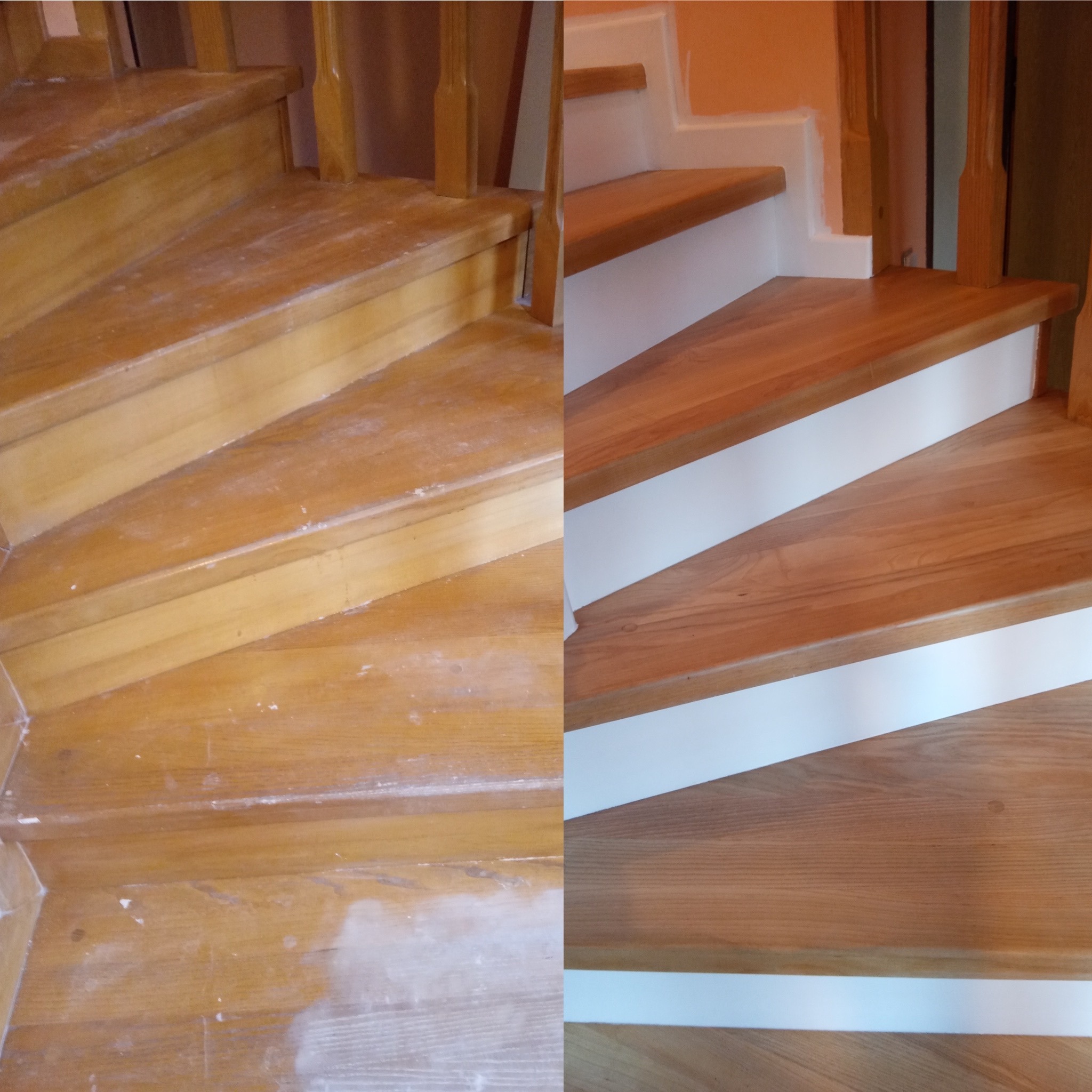 Renowacja drewnianych schodów: porównanie stanu przed (z lewej strony, z widocznymi śladami zużycia i pyłem) i po (z prawej strony, z odnowionym drewnem i białymi podstopnicami).