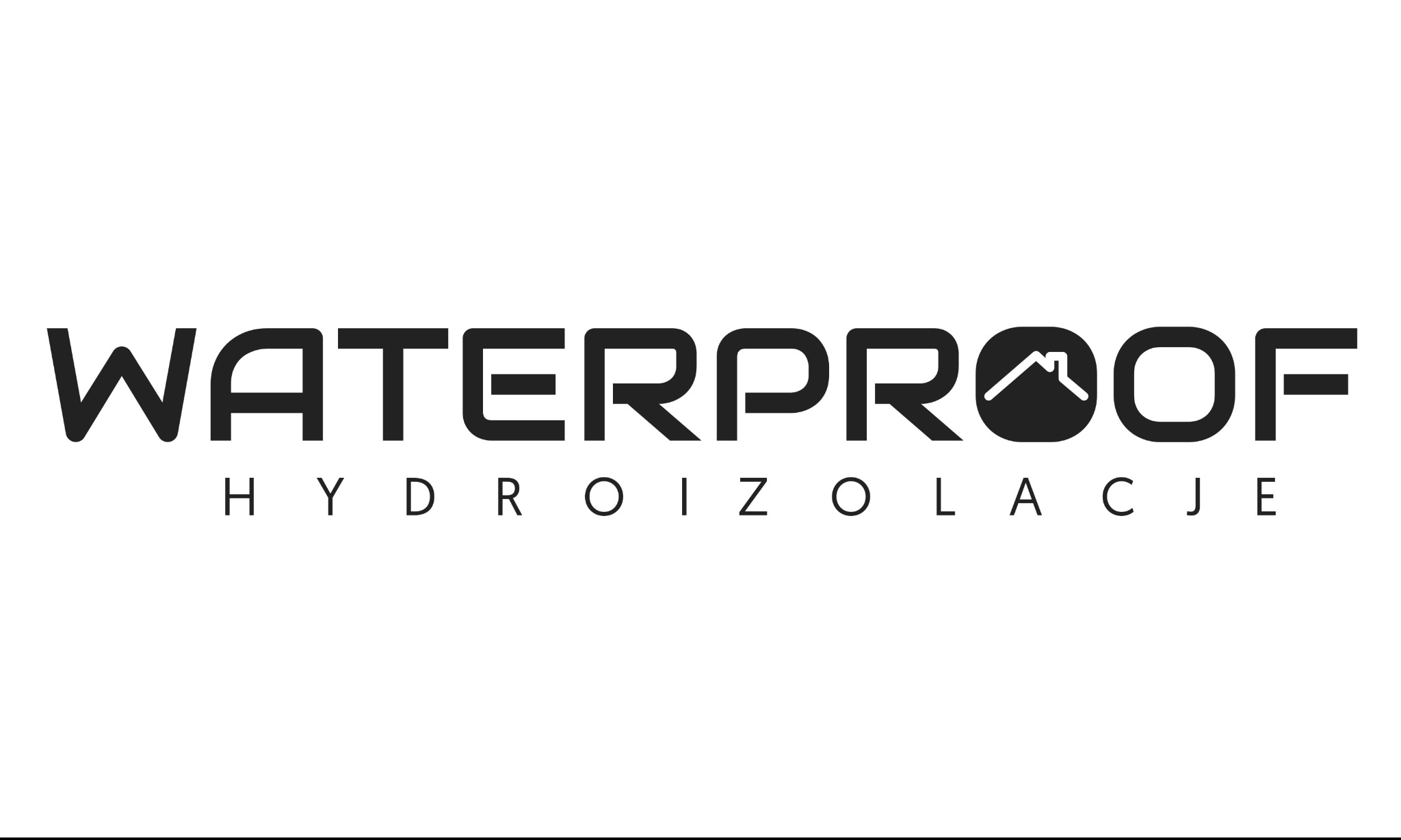 Logo firmy WATERPROOF Hydroizolacje z symbolem dachu wpisanym w literę O.