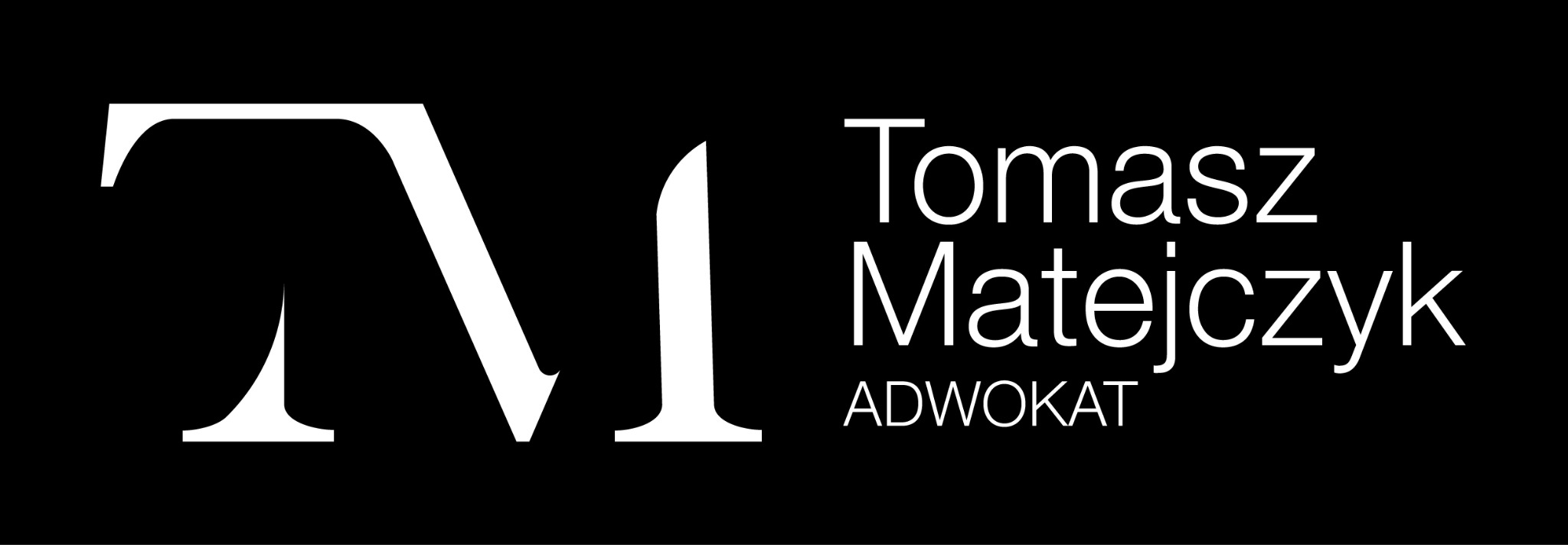Logo kancelarii prawnej: stylizowana litera 'M' w kolorze białym obok napisu 'Tomasz Matejczyk ADWOKAT' na czarnym tle.