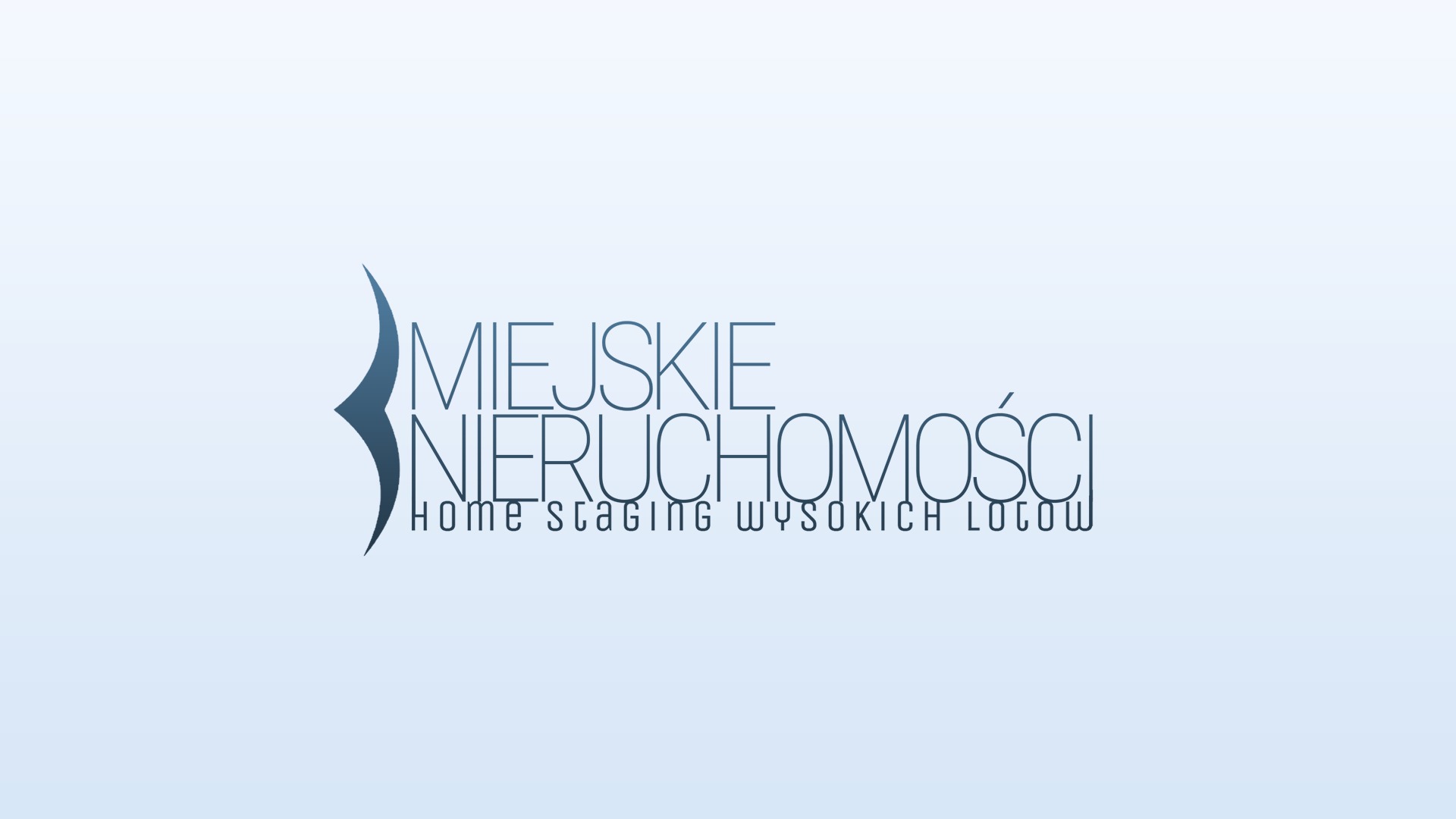 Eleganckie logo firmy 'Miejskie Nieruchomości Home Staging Wysokich Lotów' w odcieniach niebieskiego, z minimalistycznym symbolem graficznym po lewej stronie.