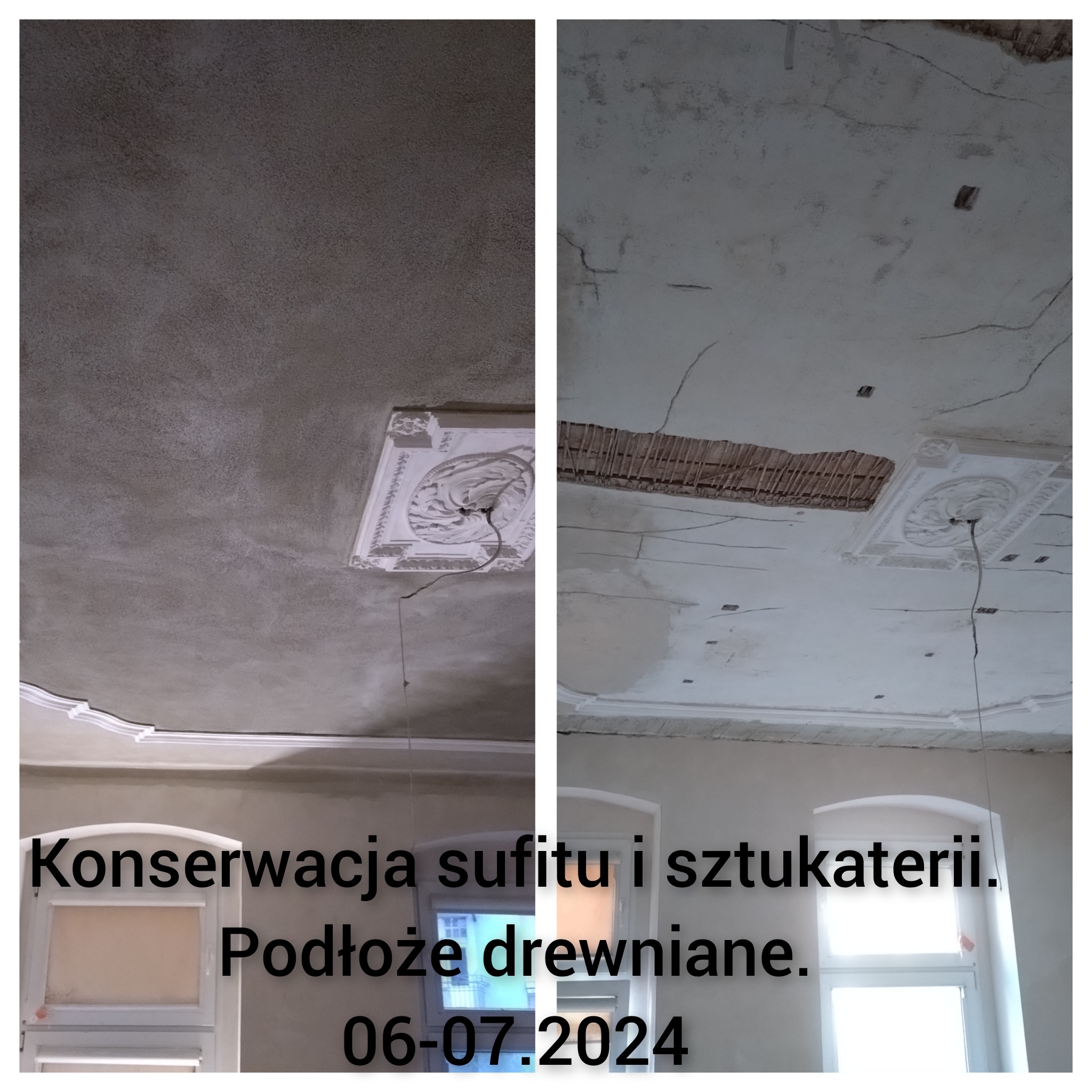 Porównanie stanu sufitu przed i po renowacji: po lewej stronie sufit po nałożeniu szarej warstwy, po prawej - sufit z widocznymi pęknięciami, ubytkami i odsłoniętą konstrukcją drewnianą...