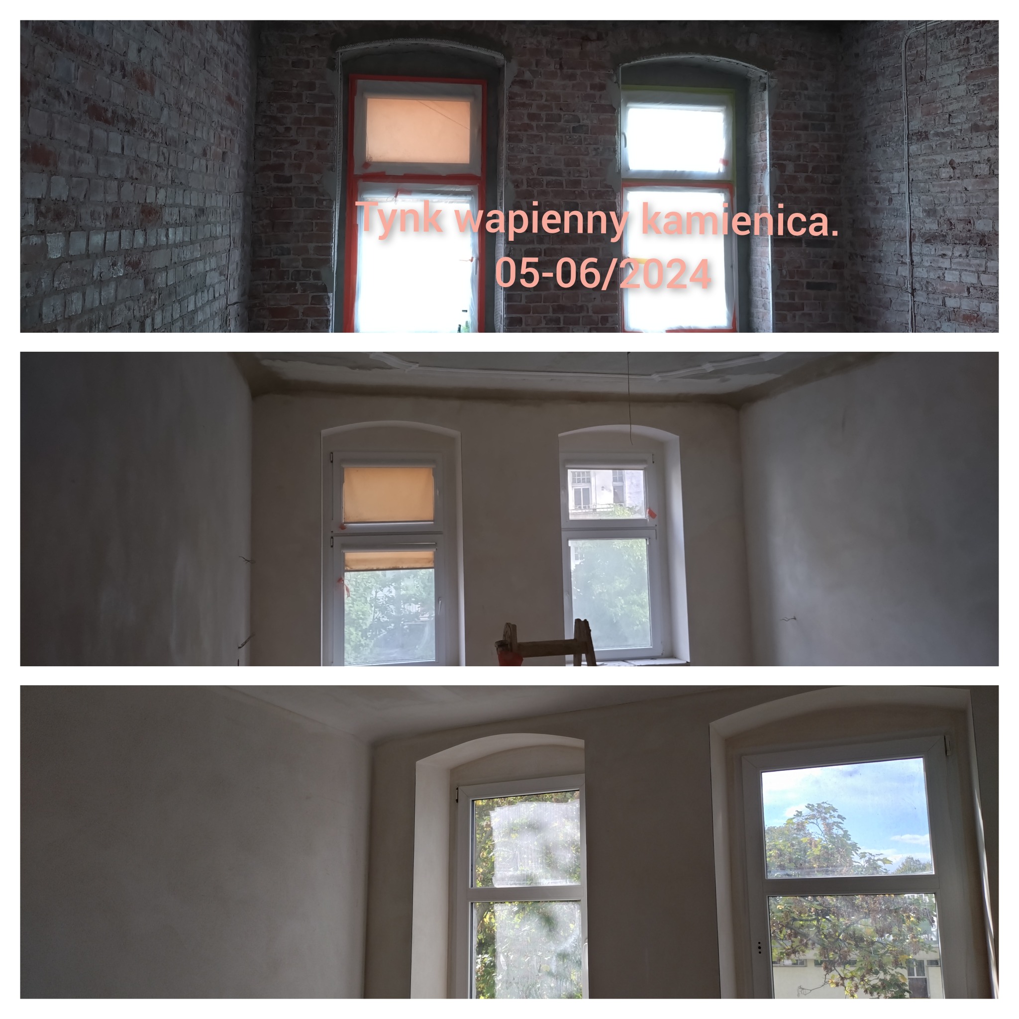Trzy ujęcia tej samej kamienicy: pierwsze pokazuje surową, czerwoną cegłę wokół okien zabezpieczonych folią, drugie ukazuje ściany pokryte świeżym, jasnym tynkiem, a trzecie prezentuje okno...