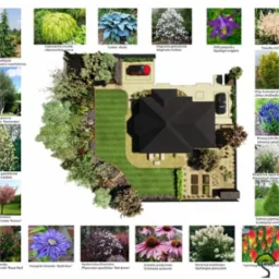 Plan zagospodarowania przestrzennego ogrodu z widokiem z góry na dom, trawnik, rabaty kwiatowe i drzewa, uzupełniony o zdjęcia poszczególnych roślin z nazwami.
