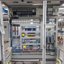 Otwarta szafa sterownicza z bogatym okablowaniem, widoczne liczne moduły i zabezpieczenia, przewody ułożone w listwach. Całość w szarej obudowie w hali produkcyjnej.