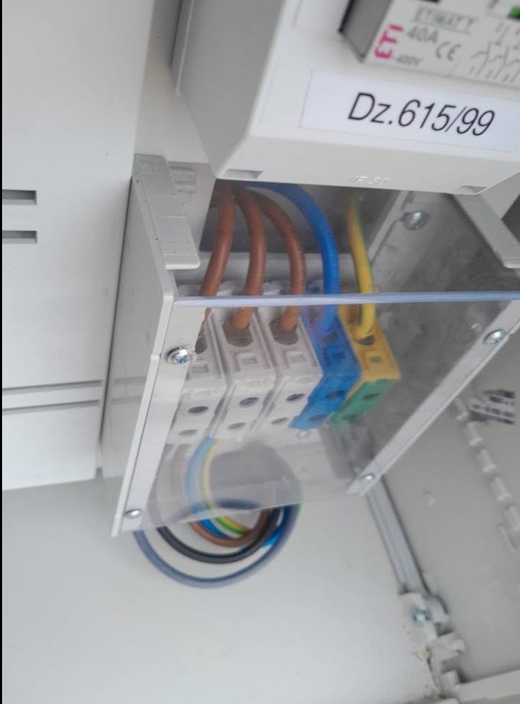 Szczegółowe ujęcie instalacji elektrycznej w skrzynce rozdzielczej z widocznymi przewodami o różnych kolorach i złączkami. Oznaczenie 'Dz.615/99' na górze.