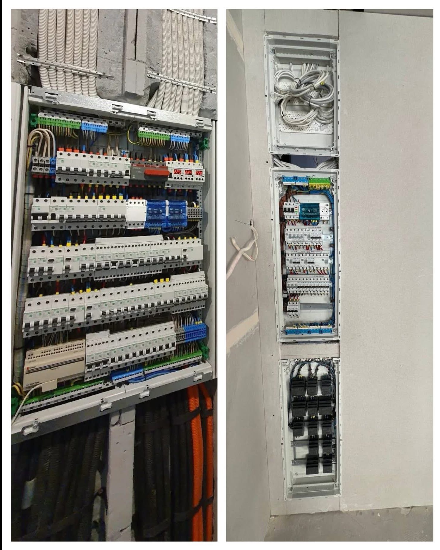 Dwa rozdzielnice elektryczne: pierwsza z widocznymi przewodami w korytach, druga wnękowa, w płycie gipsowej, z przewodami.