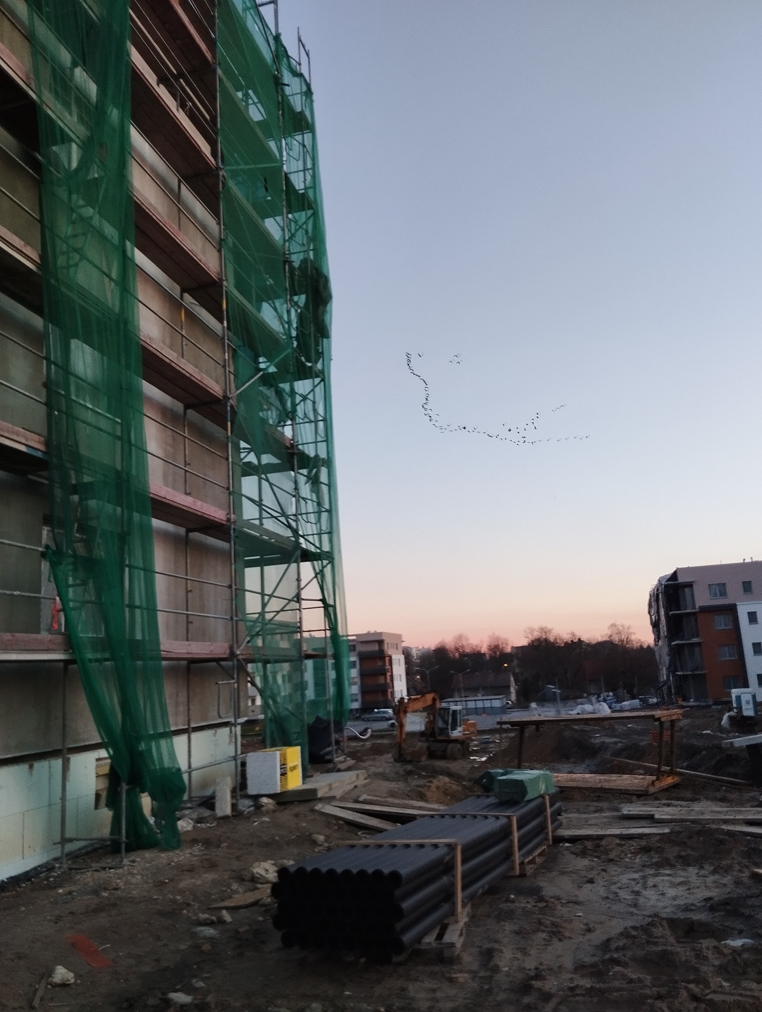 Budynek w trakcie prac elewacyjnych, widoczne rusztowania z zieloną siatką, materiały budowlane na ziemi i stado ptaków na tle zachodzącego słońca.