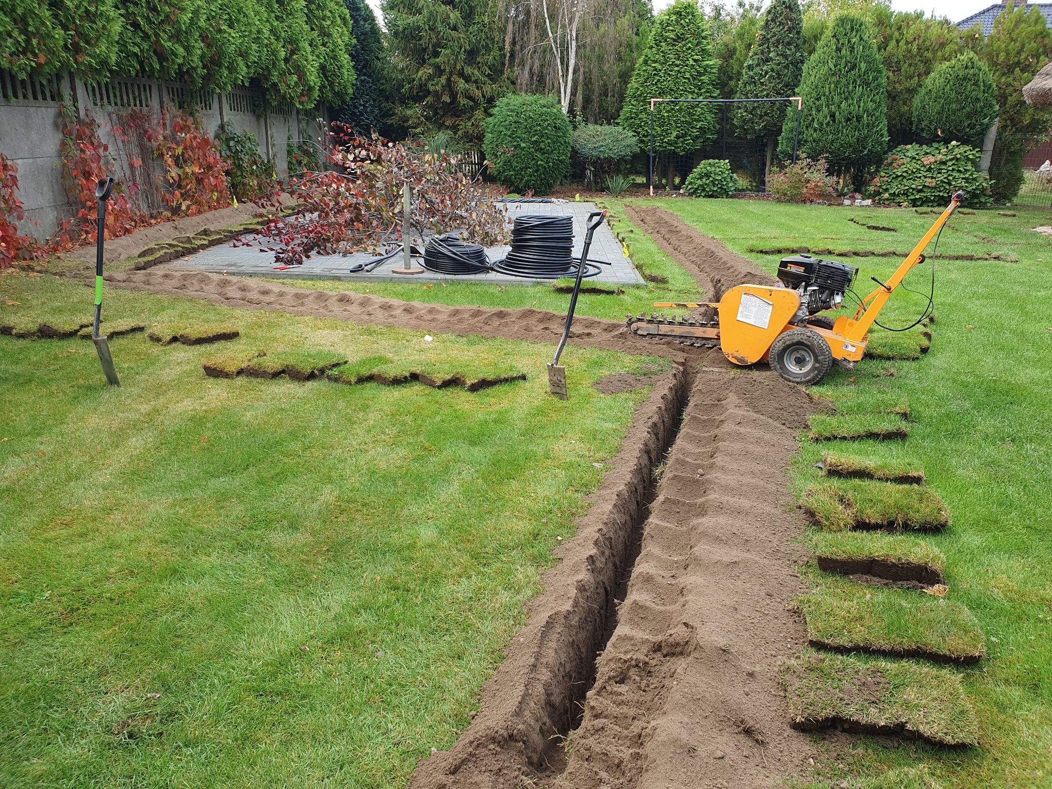 Pomarańczowa glebogryzarka wykopuje wąski rów w trawniku, obok leżą wycięte darni, a w tle zwój czarnego węża do nawadniania.