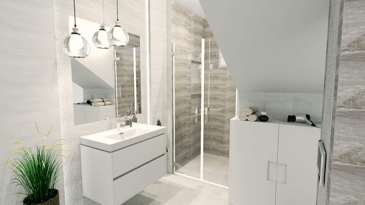 Nowoczesna łazienka z kabiną prysznicową typu walk-in, białą szafką pod umywalką z dwiema szufladami, wiszącymi lampami kulami i dekoracyjną rośliną w wiklinowym koszu.