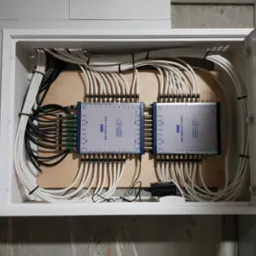 Rozdzielnica z dwoma multiswitchami TT 9/24, liczne kable koncentryczne uporządkowane opaskami zaciskowymi, zamontowane w białej szafce na drewnianej płycie, widoczne zielone diody LED.