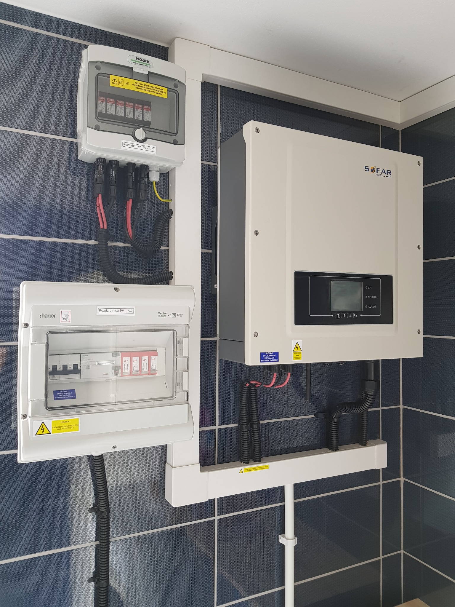 Panel sterowania instalacji fotowoltaicznej z rozdzielnicami PV-DC i PV-AC oraz inwerterem Sofar Solar, zamontowany na ścianie z ciemnych płytek ceramicznych.