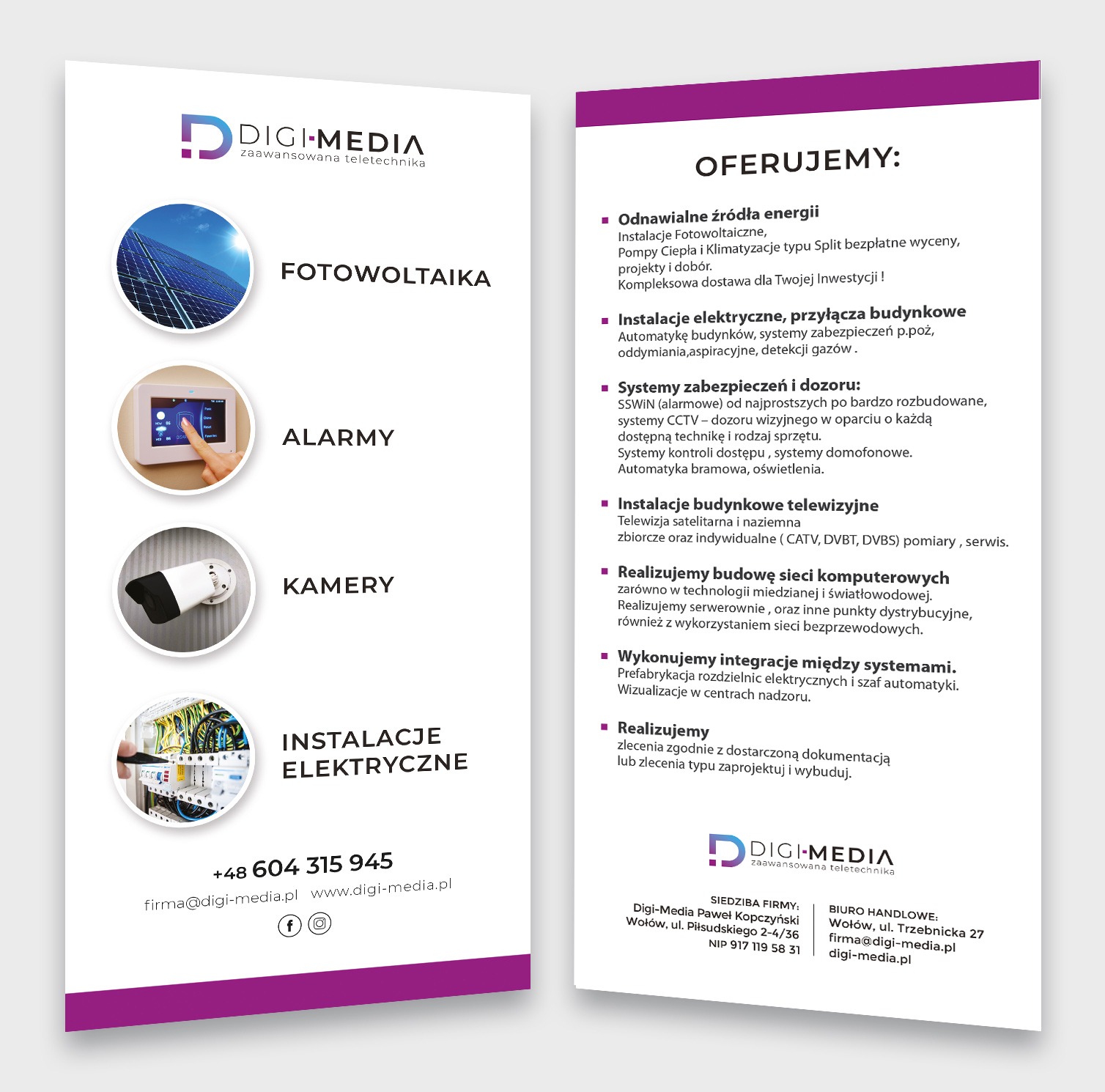 Ulotka reklamowa firmy Digi-Media prezentująca usługi: panele słoneczne, systemy alarmowe, kamery monitoringu oraz rozdzielnicę elektryczną z okablowaniem.