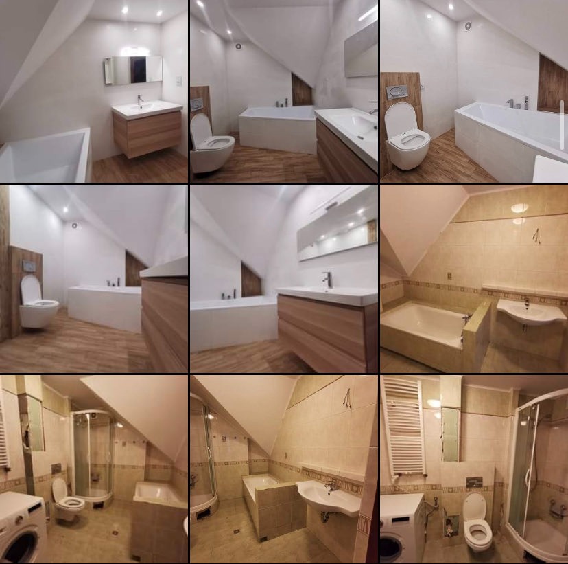 Nowoczesna łazienka na poddaszu ze skośnym sufitem, z drewnianą szafką pod umywalką, wanną i toaletą podwieszaną, wykończona w jasnych kolorach z akcentami drewna.