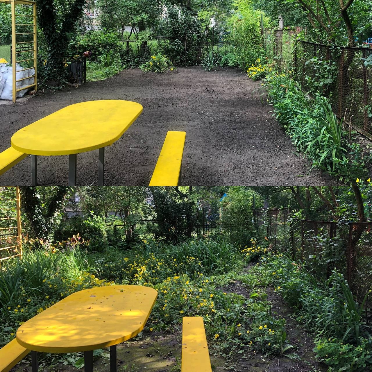 Teren po niwelacji, przygotowany pod trawnik lub nasadzenia, z żółtym stołem piknikowym w rogu, widoczne ślady po pracach ziemnych.