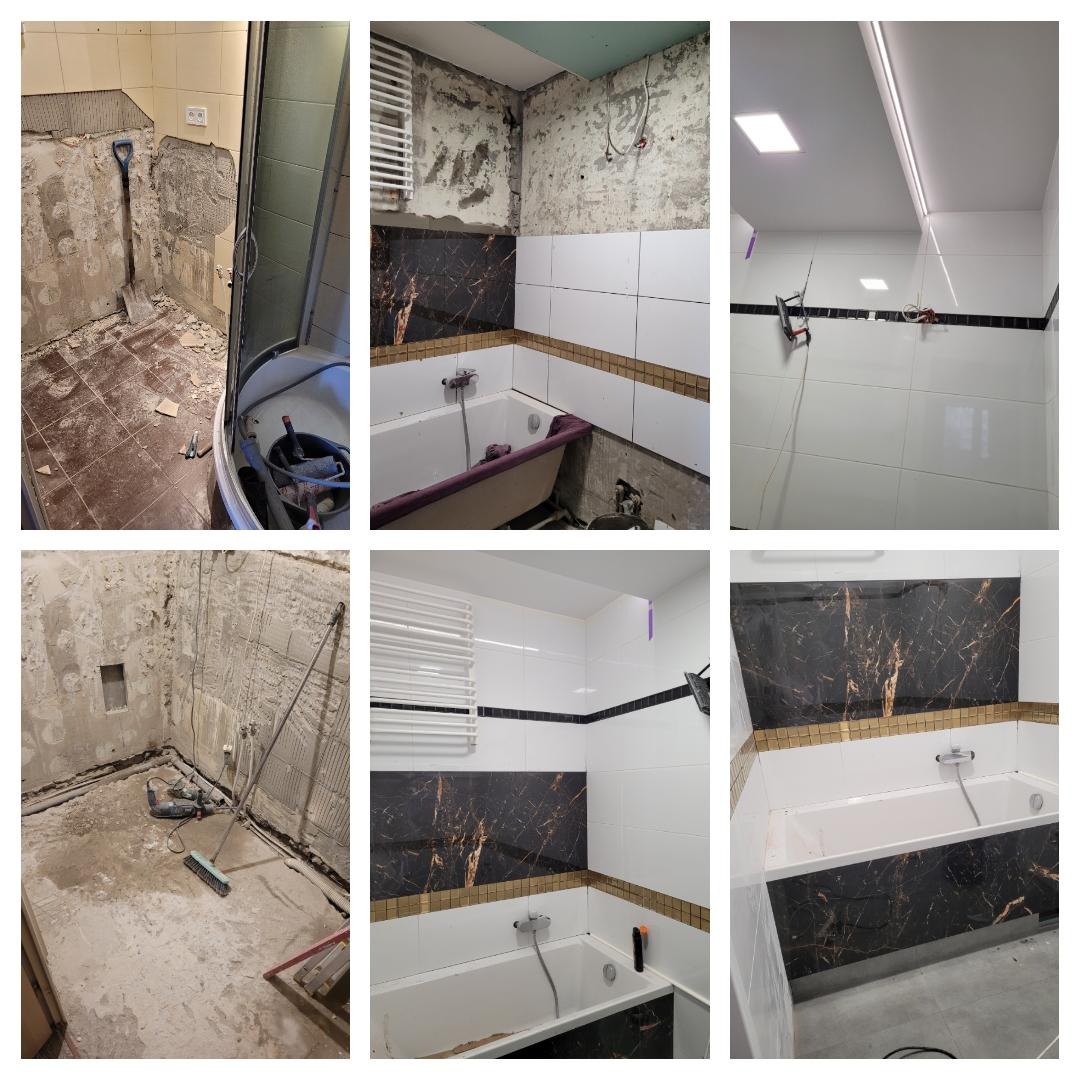 Kolaż przedstawiający etapy przebudowy łazienki: od skucia starych płytek i przygotowania podłoża, przez częściowe ułożenie nowych płytek z czarnym marmurem i złotymi akcentami, aż po zamontowanie...