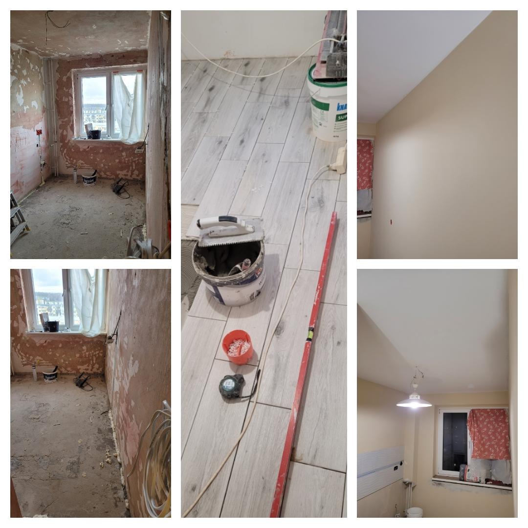 Etapy remontu mieszkania w Łodzi: pokój przed malowaniem ze śladami po usuniętej tapecie, układanie płytek podłogowych z narzędziami, pomalowane ściany i sufit po remoncie.