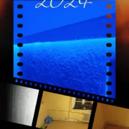 Wizualizacja ściany z nałożoną strukturą podświetloną na niebiesko, z dodatkowymi ujęciami pomieszczeń przed remontem w formie taśmy filmowej z rokiem 2024 u góry.