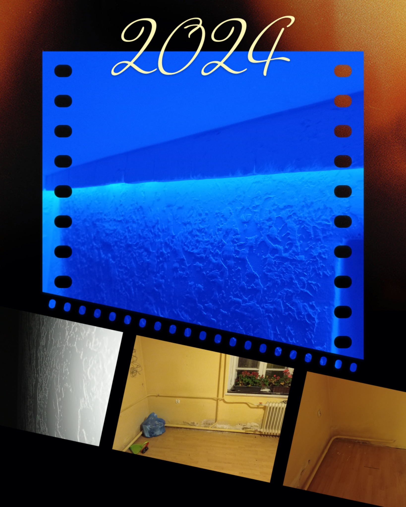 Wizualizacja ściany z nałożoną strukturą podświetloną na niebiesko, z dodatkowymi ujęciami pomieszczeń przed remontem w formie taśmy filmowej z rokiem 2024 u góry.