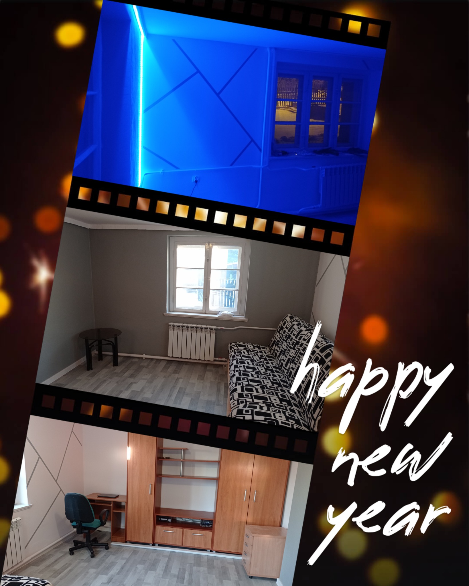 Kolaż przedstawiający trzy różne ujęcia pokoju: pokój z niebieskim oświetleniem LED i wzorem na ścianie, pokój z szarą ścianą, oknem i kanapą w geometryczne wzory, oraz pokój z biurkiem, krzesłem...