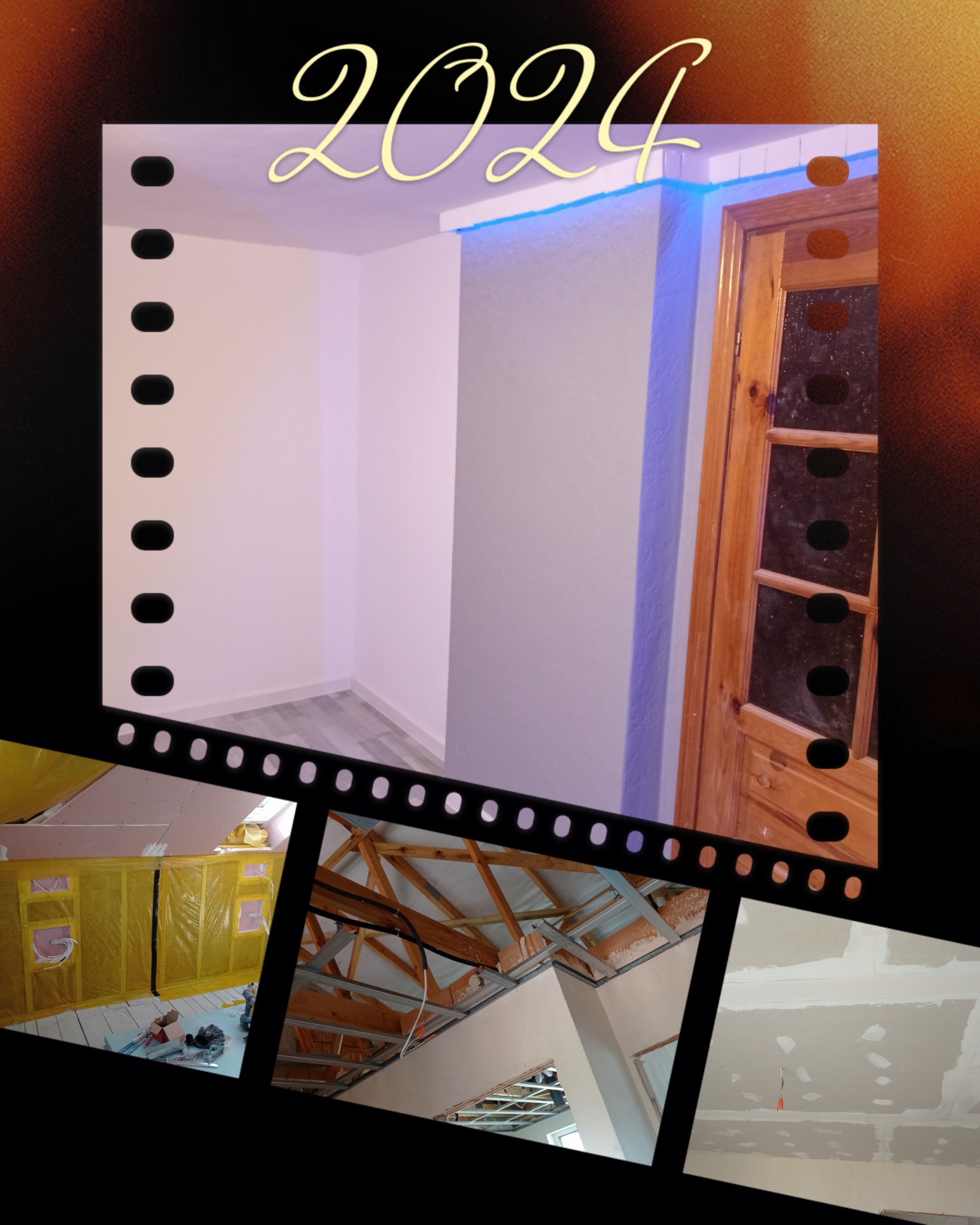 Kadr z filmu przedstawiający pokój po remoncie z podświetleniem LED przy suficie i drewnianymi drzwiami, oraz ujęcia z różnych etapów prac wykończeniowych, w tym izolacja folią, surowy strop...