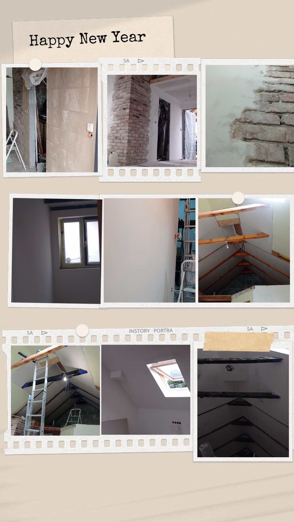 Kolaż zdjęć z różnych etapów prac wykończeniowych wewnątrz budynku, w tym ściany po nałożeniu gładzi, fragment ściany z cegły, poddasze ze skośnym dachem w trakcie izolacji i wykończenia płytami...