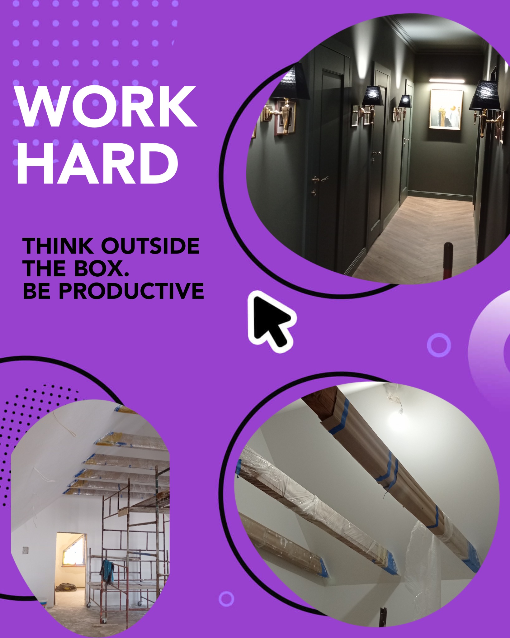 Wizualizacja z nałożonymi zdjęciami: korytarz z ciemnymi ścianami i oświetleniem w stylu retro, sufit w trakcie prac wykończeniowych z rusztowaniem oraz belki stropowe zabezpieczone folią i taśmą.